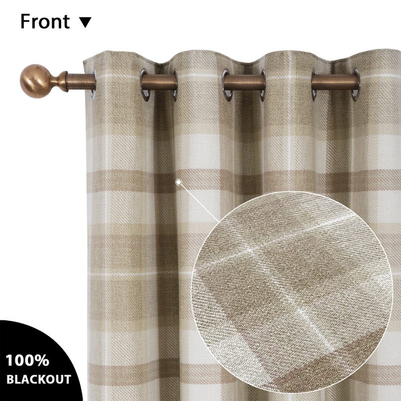 always4u Plaid Curtains for Bedroom Living Room 100% Blackout Thermal Energy Saving Woolen Look Grommet Curtains 63 Inch Length 2 Panels Beige - Image 2